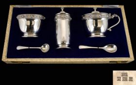 David Lawrence - Silversmith Celtic Banded Solid Silver 3 Piece Cruet Set with Spoons. Original Box.