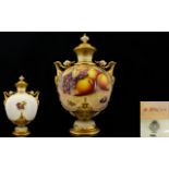 Royal Worcester Large and Stunning Hand Painted - Twin Handle Urn Shaped Fruits Lidded Vase of