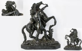 A Bronze Sculpture Of A Marley Horse And Rider 19th century figure on black marble base,