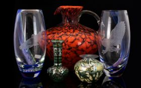 A Collection of Art Glass to include large and impressive bulbous form jug in coral and navy opaque