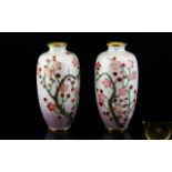 A Pair Of Early 20th Century Japanese Ginbari Cloisonne Vases Each of ovoid form with pale pink and