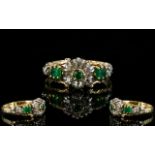 Antique Period Attractive 18ct Gold Emerald and Diamond Set Cluster Ring, The Emeralds and