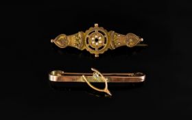 Antique Period 9ct Gold Wishbone Brooch, Marked 9.375 & A 9ct Gold Brooch Set with Seed Pearls.