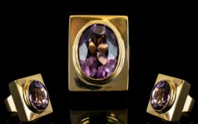 1970'S - 9ct Gold Single Stone Amethyst Set Dress Ring, Marked 9ct.