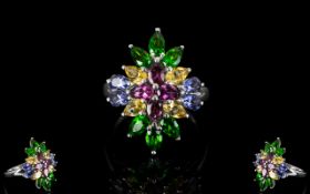 Rhodolite Garnet, Russian Diopside, Citrine and Iolite Cluster Ring, with floral undertones,