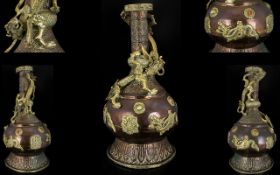 Oriental Copper Vessel Ornately decorated with salamanders and dragons with some semi-precious
