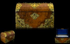 Mid Victorian Walnut Gothic Revival Stationary Box Of domed, casket form with brass strapwork,