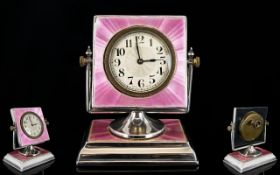 Art Deco Period - Ladies Impressive Solid Silver and Pink Guilloche Enamel Table / Desk Clock,