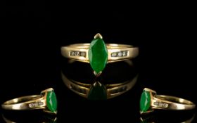 Ladies 9ct Gold Marquise Shaped Emerald and Diamond Dress Ring,