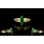Ladies 9ct Gold Marquise Shaped Emerald and Diamond Dress Ring,
