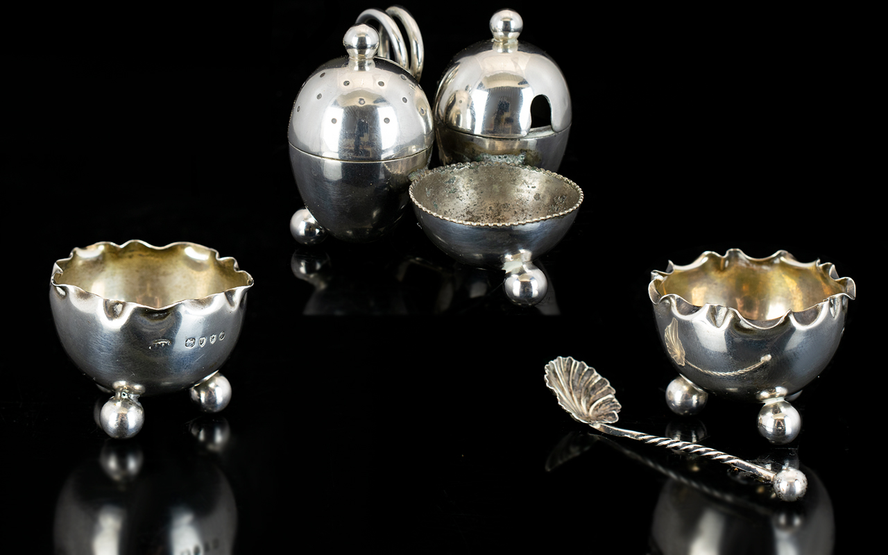 Victorian Period Sterling Silver Pair of Small Salts Raised on Ball Feet with Handkerchief Shaped