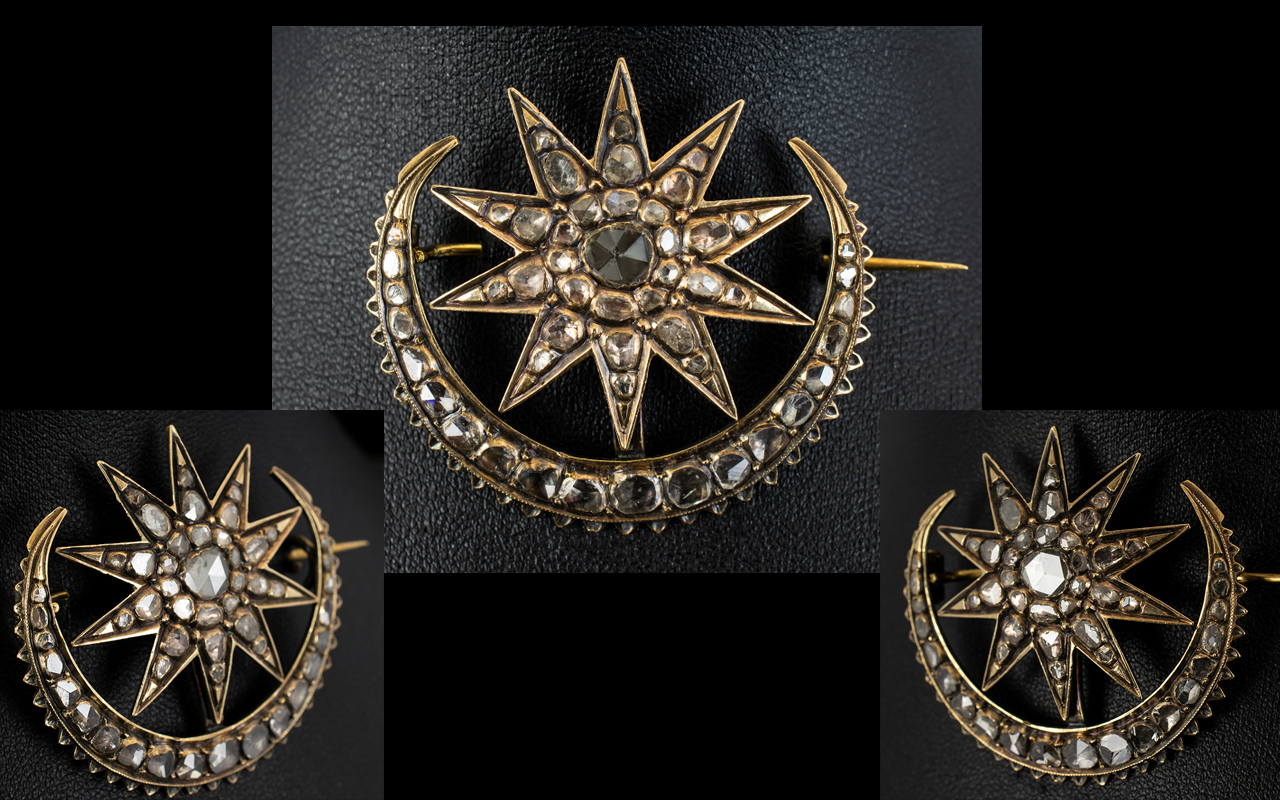 Georgian Period 18ct Gold Crescent Moon And Stars Diamond Brooch The whole,