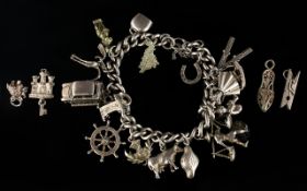Solid Silver Curb Bracelet Loaded with 14 Nice Quality Silver Charms + 4 Loose Charms,