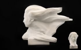 Carrara Marble Portrait Bust Stylised female profile portrait with dynamic, windswept hair.