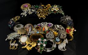 A Large Quantity Of Vintage Costume Jewellery Brooches Varying designs to include several 1950's