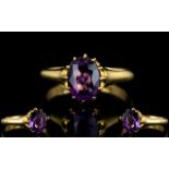 18ct Gold - Attractive / Top Quality Single Stone Amethyst Set Dress Ring.