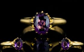 18ct Gold - Attractive / Top Quality Single Stone Amethyst Set Dress Ring.