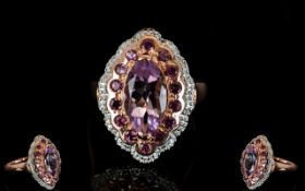 Rose de France Amethyst and Rhodolite Garnet Marquise Shape Ring,