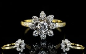 Ladies - Superb Quality 18ct Yellow / White Gold Diamond Set Cluster Ring. Flower head Setting,