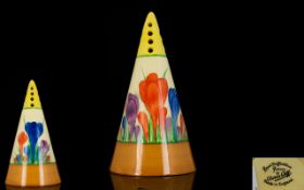 Clarice Cliff 1930's Hand Painted Conical Shaped Sugar Sifter ' Crocus ' Pattern, Bizarre Range,