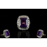 18ct Gold - Superb Quality Amethyst and Diamond Set Cluster Dress Ring, The Central Large Step-Cut