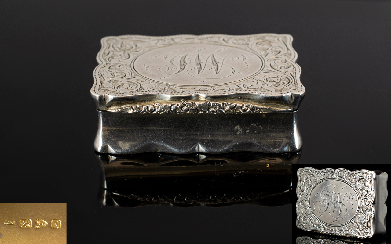 Victorian Silver Pillbox Of shaped form with hinged lid and gilt interior, fully hallmarked,