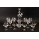 Collection of Glassware to include elegant engraved glass decanter with decorative stopper and