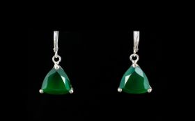 Emerald Green Onyx Trillion Cut Drop Earrings,