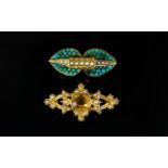 Edwardian 15ct Gold Citrine And Seed Pearl Brooch Together With An 18ct Gold Turquoise And Seed