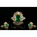 Stunning 1950's 18ct Gold Emerald and Diamond Set Ladies Cocktail Dress Ring. The Central Faceted