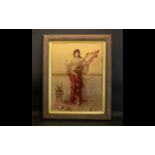 Antique Framed Print Polychrome print depicting female musician in flowing robes and jeweled