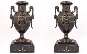 Victorian Period Pair of Impressive Urn Shaped Twin Handle Bronze Vases of Classical Form,