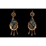 Victorian Period Rose Gold Turquoise And Seed Pearl Set Drop Earrings Wired earrings of teardrop