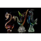 Three Colourful Murano Glass Bird Figures comprising 2 cockerel figures and a swan 11 and 9 inches