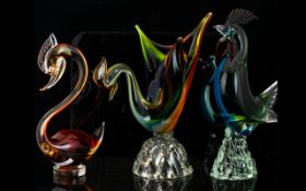 Three Colourful Murano Glass Bird Figures comprising 2 cockerel figures and a swan 11 and 9 inches