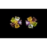 Multi Gemstone Flower Stud Earrings, each flower comprising heart cuts of peridot, amethyst,