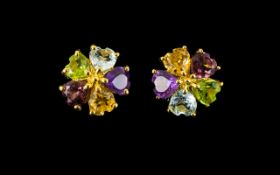 Multi Gemstone Flower Stud Earrings, each flower comprising heart cuts of peridot, amethyst,