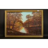 Keith Sutton Oil On Board Autumnal landscape with river. Signed and dated Sutton 1983. Gilt swept