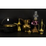 A Collection Of Decorative Metalware Items Five pieces in total to include brass bud vase with red