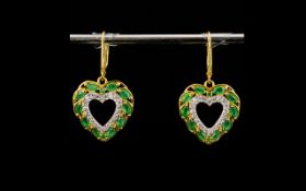 Emerald and Natural Zircon Heart Drop Earrings, 2cts of marquise cut emeralds set in a heart