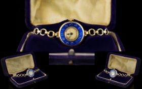 Swiss Made - 1930's 9ct Gold Circular Cased Mechanical Wrist Watch with Blue Enamel Outer Chapter