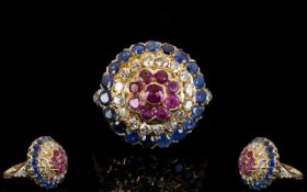 Antique Period Stunning Quality 18ct Gold Diamond / Sapphire / Ruby Set Cluster Ring of Circular