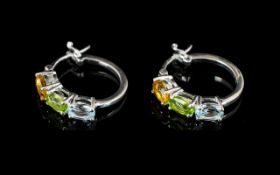 Peridot, Citrine and Sky Blue Topaz Hoop Earrings,