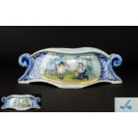 French Quimper Ware - Hand Painted 19th Century Scroll Handle Faience Unusual Shaped Jardiniere,