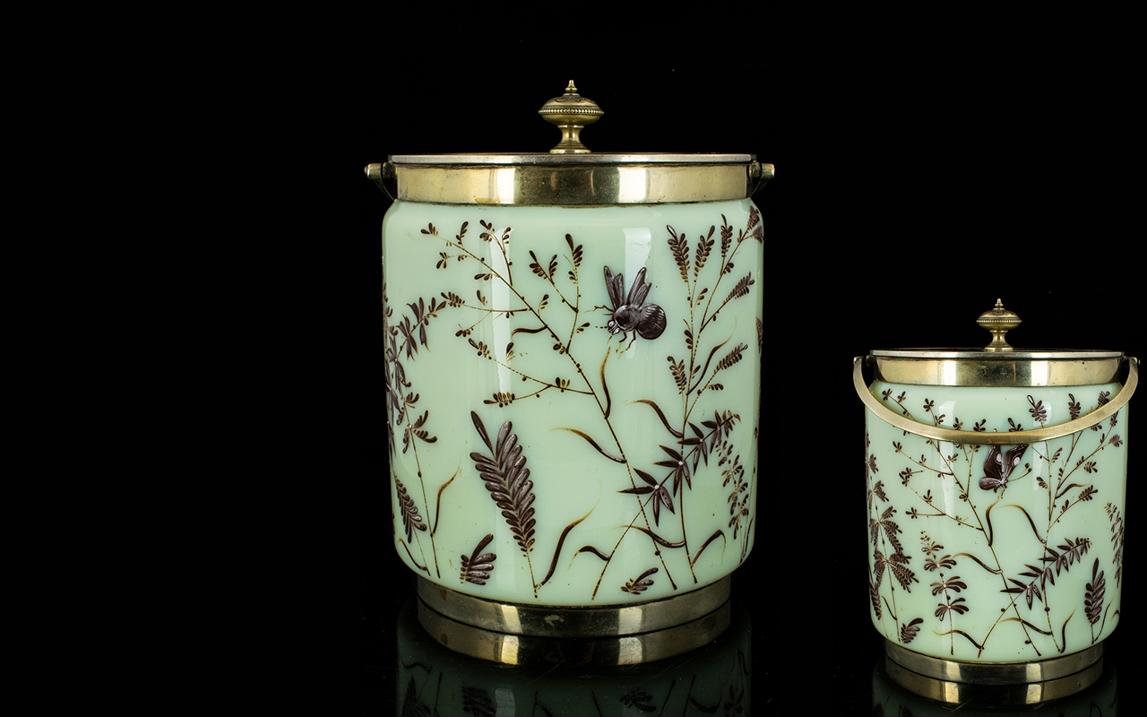 A 19th Century Continental Aesthetic Movement Opaline Glass Painted Enamels Biscuit Barrel Of
