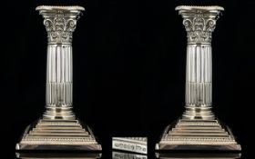 Walker and Hall Nice Quality Pair of Silver Plated - Corinthian Column Candlesticks with Stepped