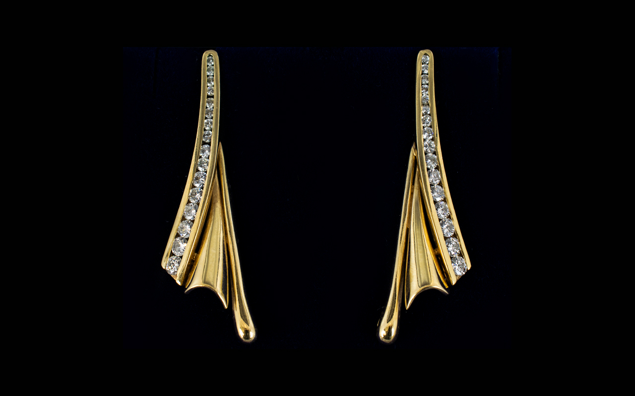 Ladies - Fine Quality and Stylish 18ct Gold Diamond Set Pair of Earrings - From the 1960's.