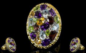 Amethyst, Red Garnet, Citrine, Sky Blue Topaz and Peridot Large Oval Ring, 7.