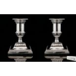 George V - Classical Shaped Pair of Solid Silver Squat Candlesticks with Detachable Nozzles,
