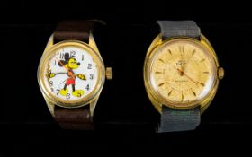 Mickey Mouse - Vintage Mechanical Wrist Watch with Attached Old Leather Strap, Working at time of